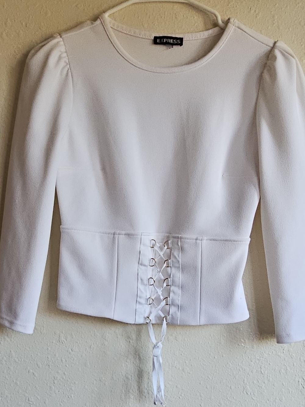 Express White Lace-Up Waist Puff Sleeve Long Sleeve Top
